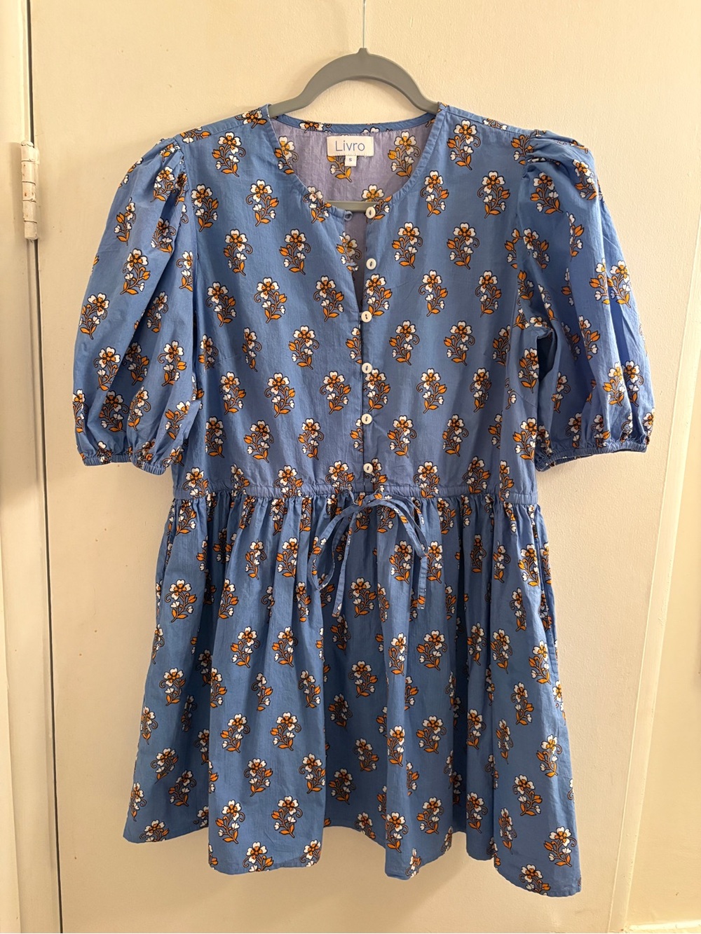 Livro Blue Block Print Floral Puff-Sleeve Mini Dress